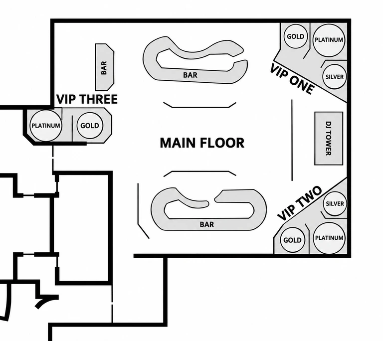 Clubplan mit Main Floor, DJ Tower, drei Bars sowie VIP One rechts oben, VIP Two rechts unten und VIP Three links.